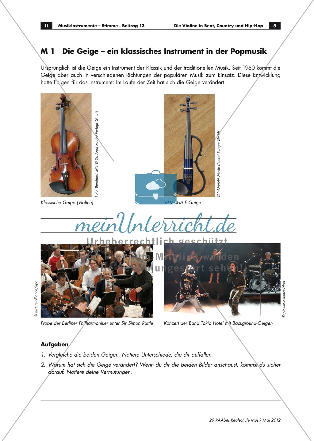 Violine - Arbeitsblatt mit Abbildungen einer klassischen und einer elektrisch verstärkten Geige und Aufgaben Preview 1