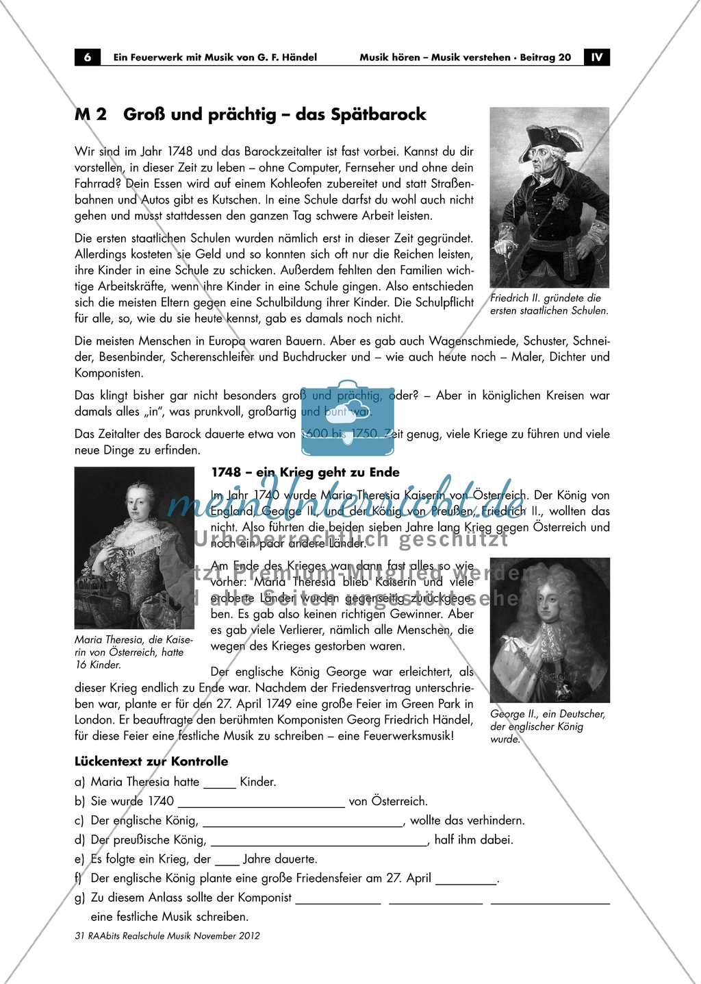 Händel - Arbeitsblätter mit Abbildung zu einem Hofkonzert, Infotexte zum Spätbarock, Zeitstrahl zur Barockzeit und Aufgaben Preview 2