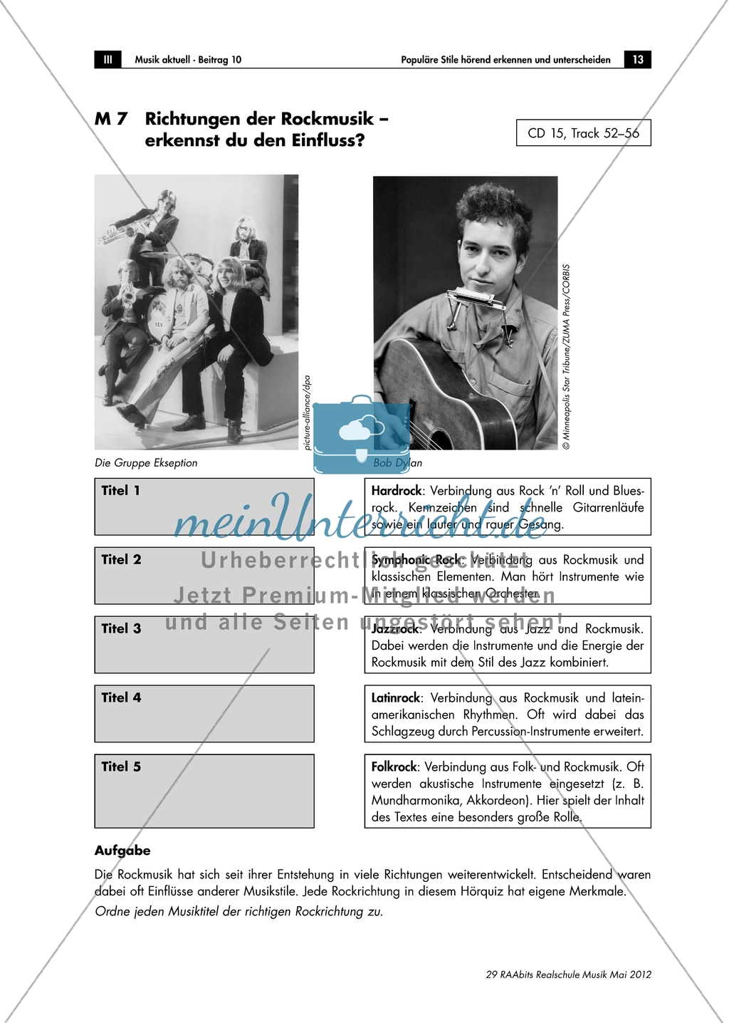 Richtungen der Rockmusik - Arbeitsblätter mit Hörquiz zur Unterscheidung verschiedener Rockrichtungen, Lösung und Farbfolie Preview 1