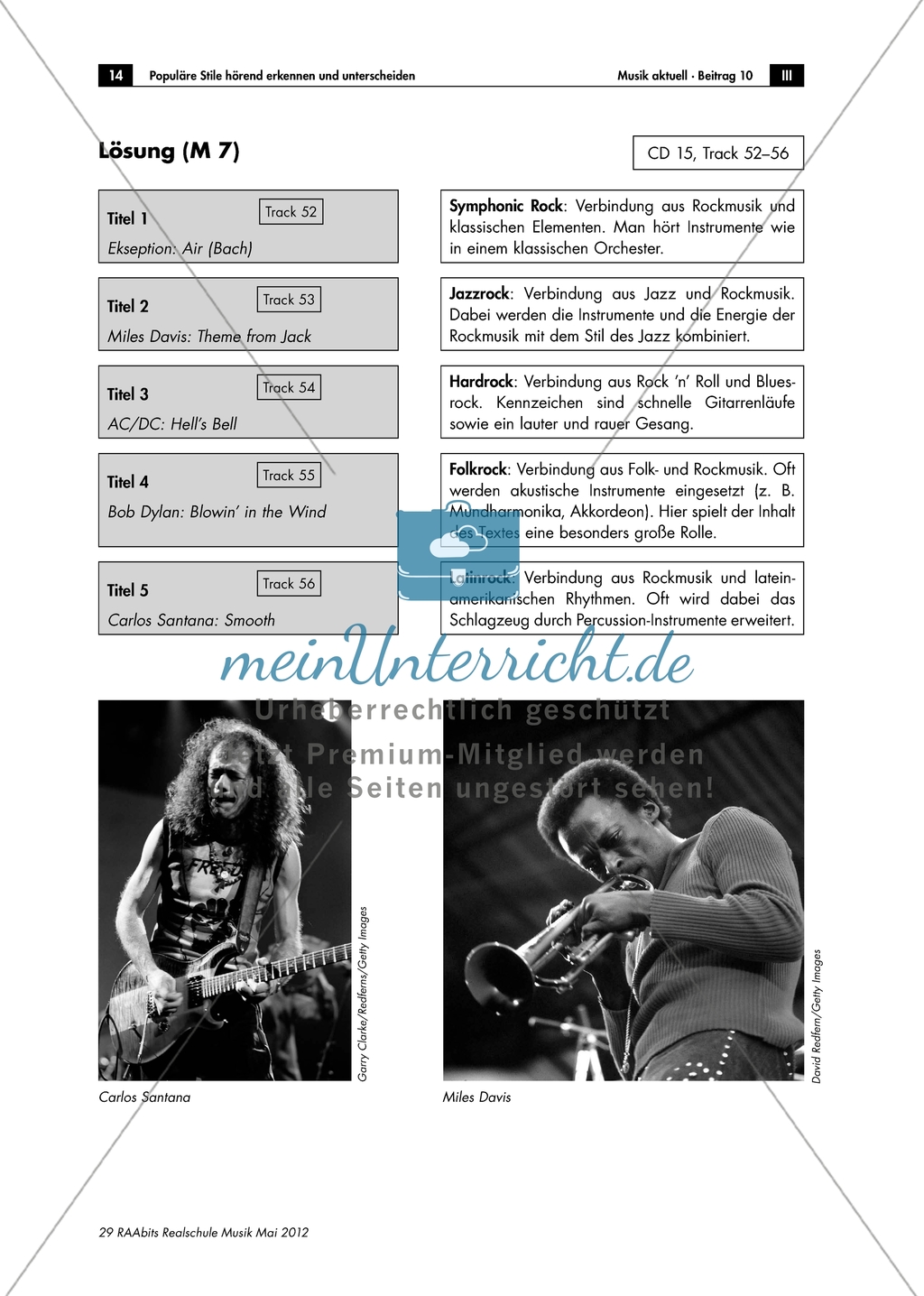 Richtungen der Rockmusik - Arbeitsblätter mit Hörquiz zur Unterscheidung verschiedener Rockrichtungen, Lösung und Farbfolie Preview 2