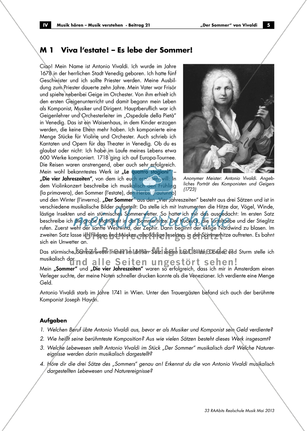 Antonio Vivaldi - Arbeitsblätter mit Infotext zum Leben und Werk von Vivaldi, Aufgaben und Test zum Text und Lösung Preview 1