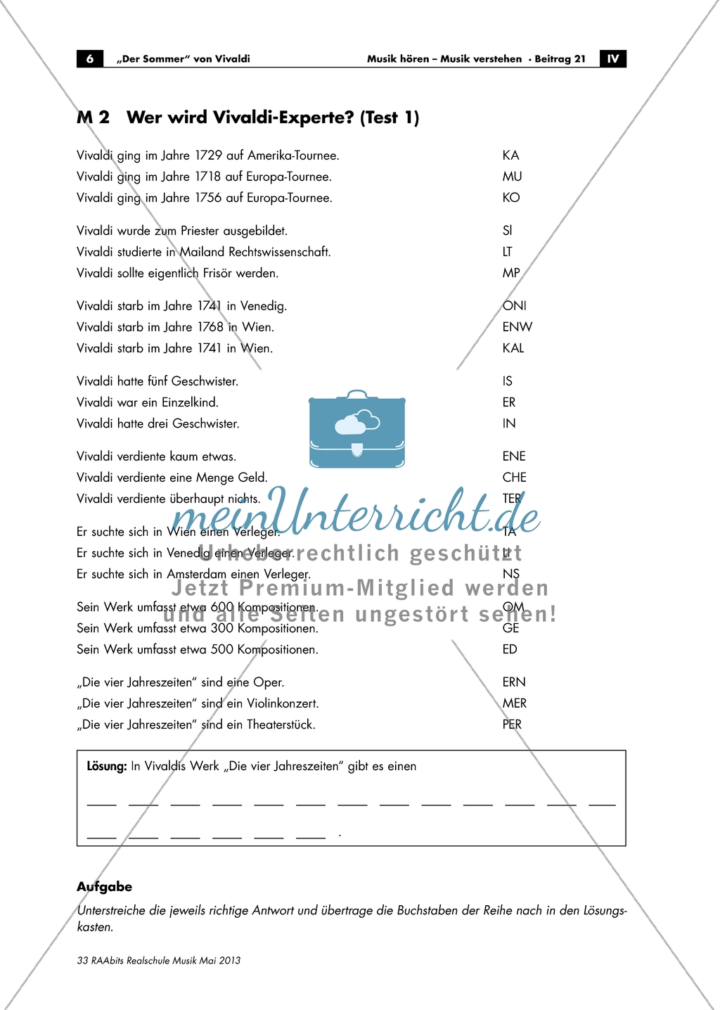 Antonio Vivaldi - Arbeitsblätter mit Infotext zum Leben und Werk von Vivaldi, Aufgaben und Test zum Text und Lösung Preview 2