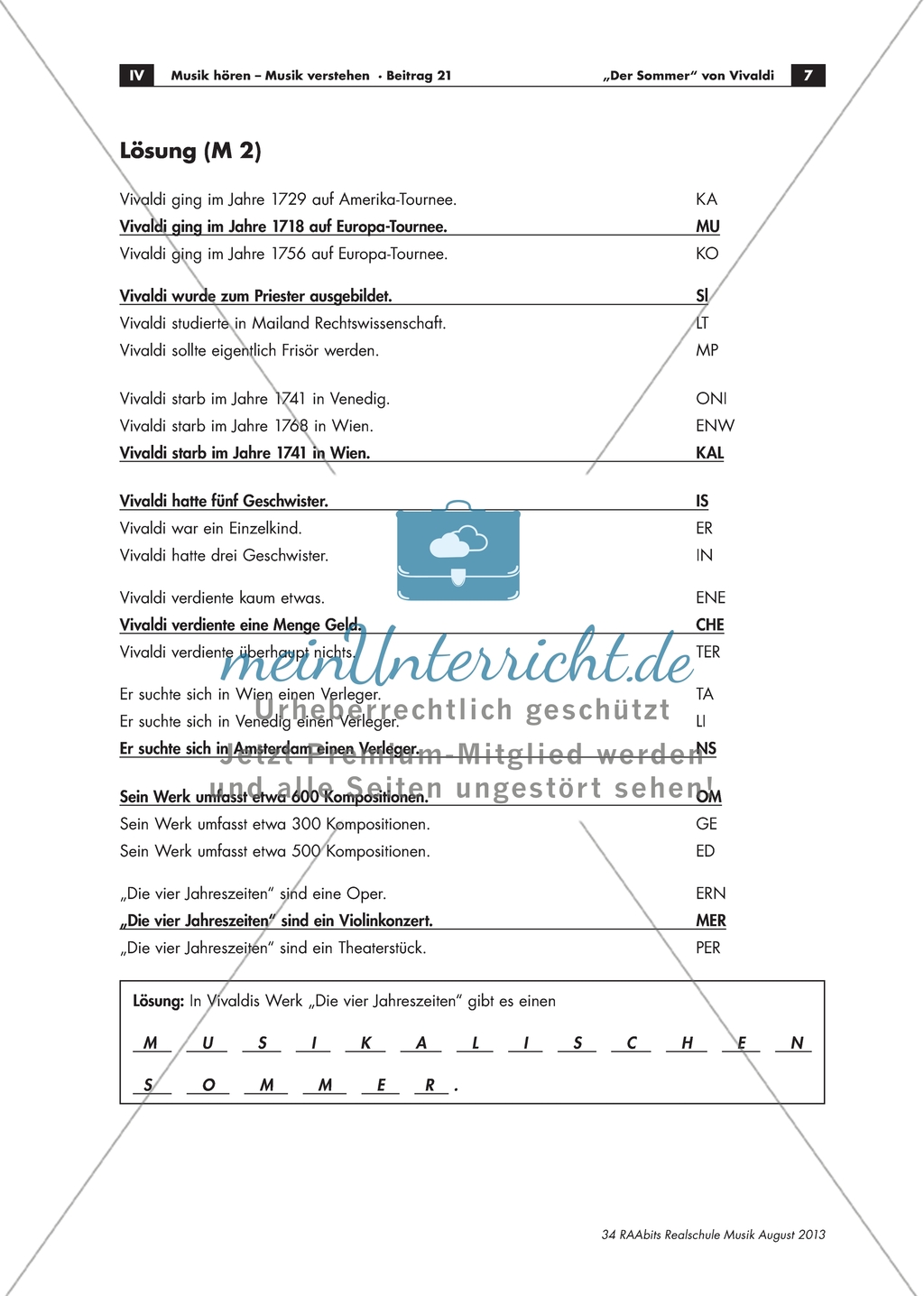 Antonio Vivaldi - Arbeitsblätter mit Infotext zum Leben und Werk von Vivaldi, Aufgaben und Test zum Text und Lösung Preview 3