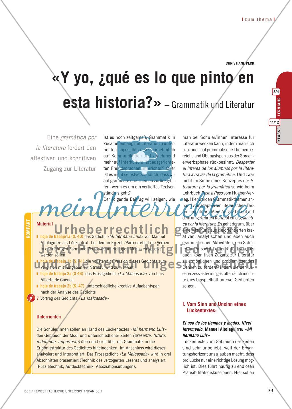 «Y yo, ¿qué es lo que pinto en esta historia?» – Grammatik und Literatur Preview 1