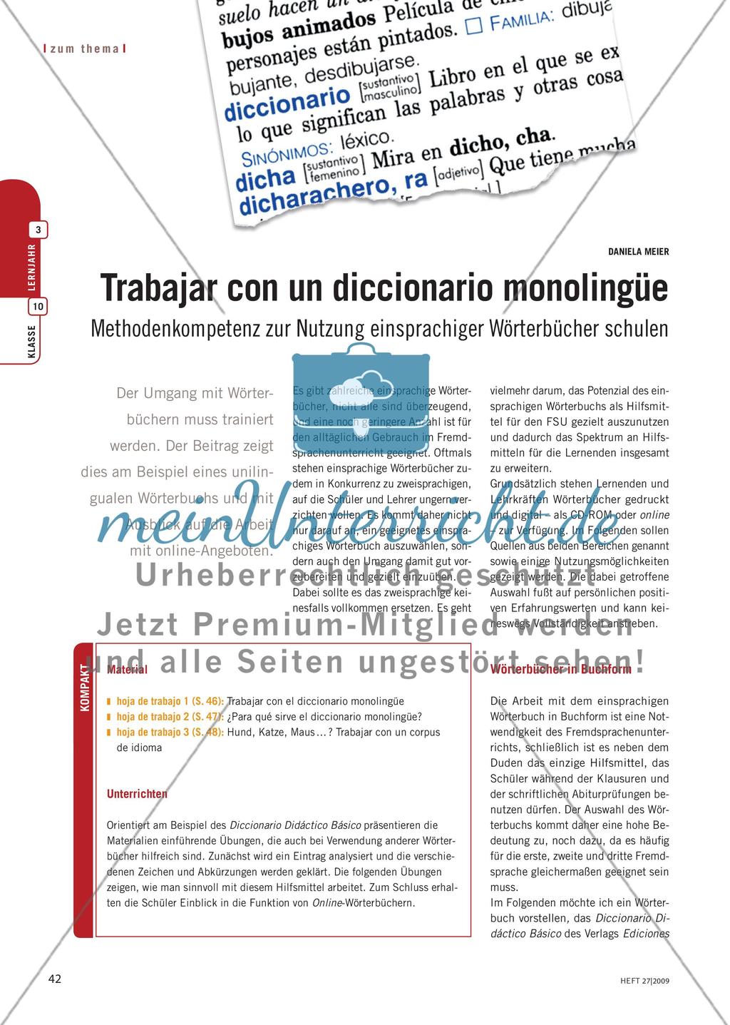 Trabajar con un diccionario monolingüe - Methodenkompetenz zur Nutzung einsprachiger Wörterbücher schulen Preview 1