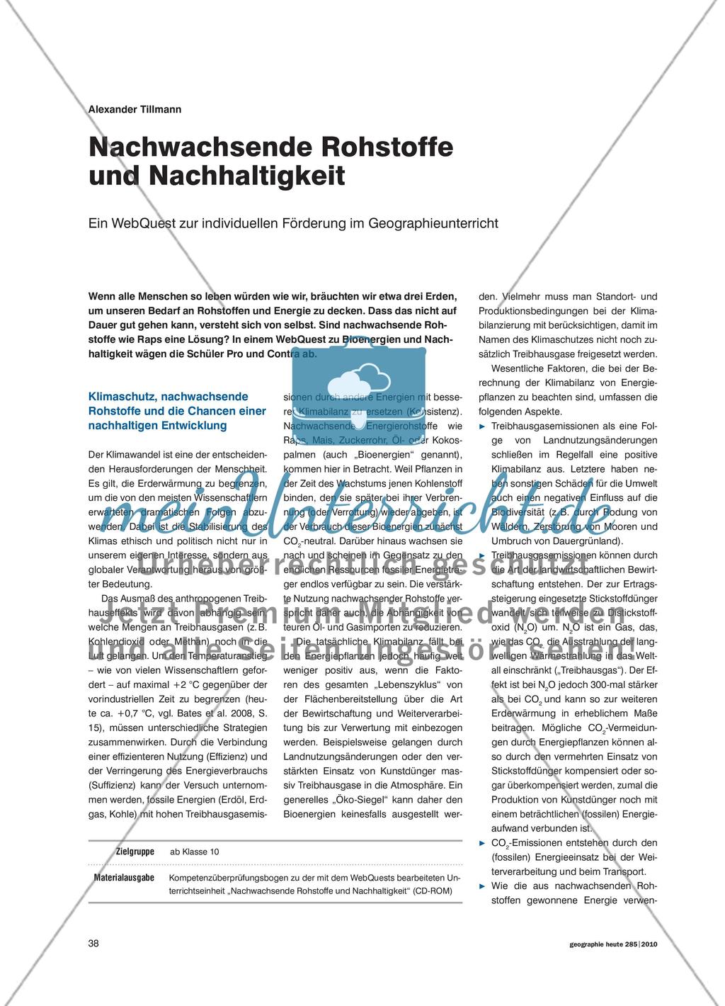 Nachwachsende Rohstoffe und Nachhaltigkeit - Ein WebQuest zur individuellen Förderung im Geographieunterricht Preview 1