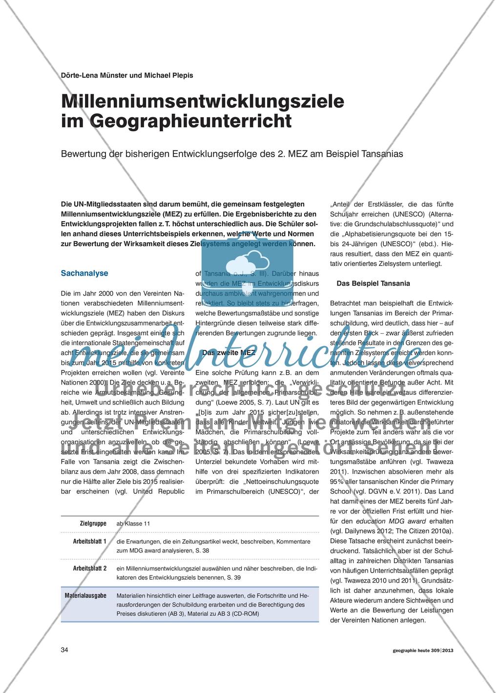 Millenniumsentwicklungsziele im Geographieunterricht - Bewertung der bisherigen Entwicklungserfolge des 2. MEZ am Beispiel Tansanias Preview 1