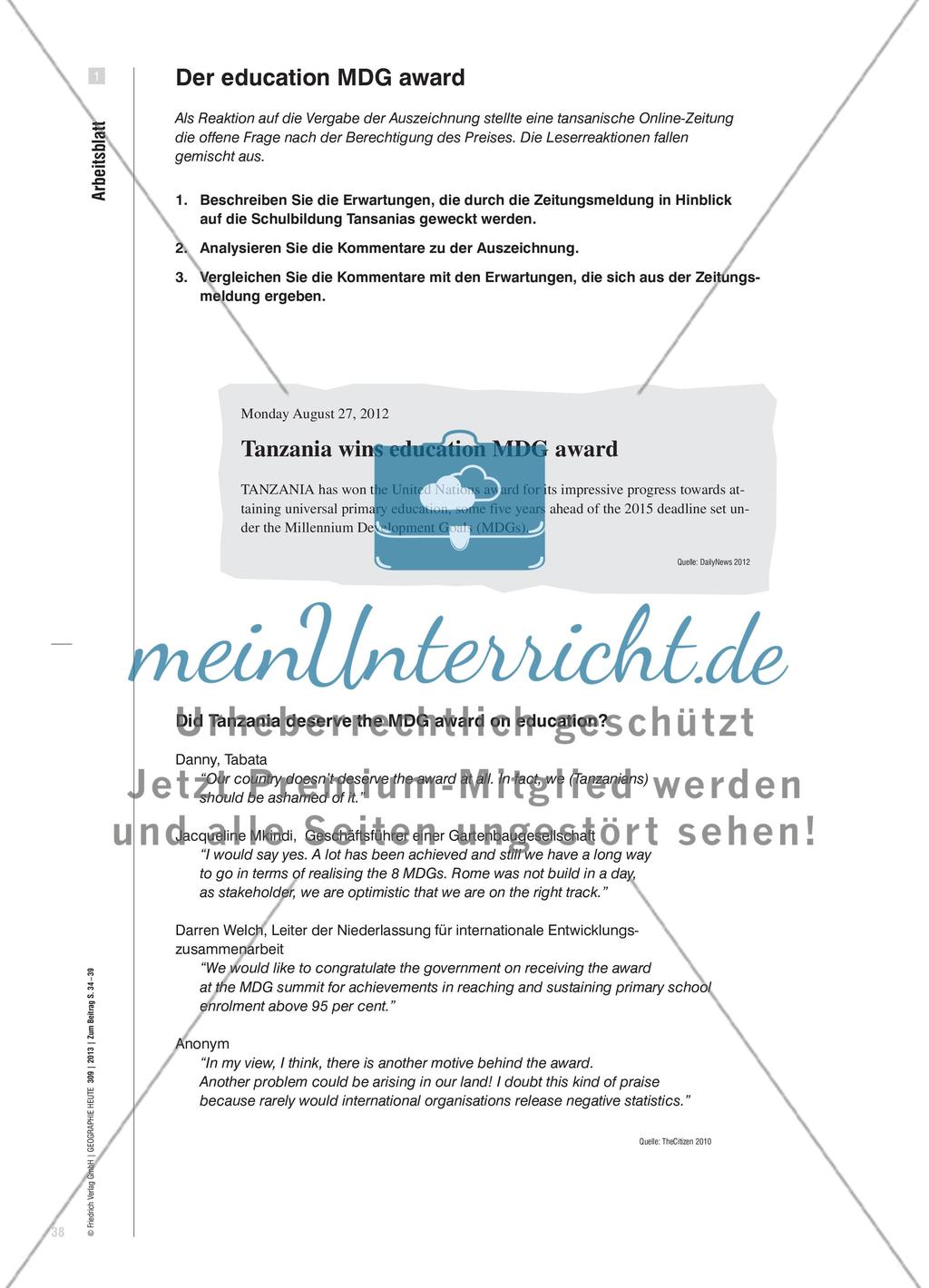 Millenniumsentwicklungsziele im Geographieunterricht - Bewertung der bisherigen Entwicklungserfolge des 2. MEZ am Beispiel Tansanias Preview 5