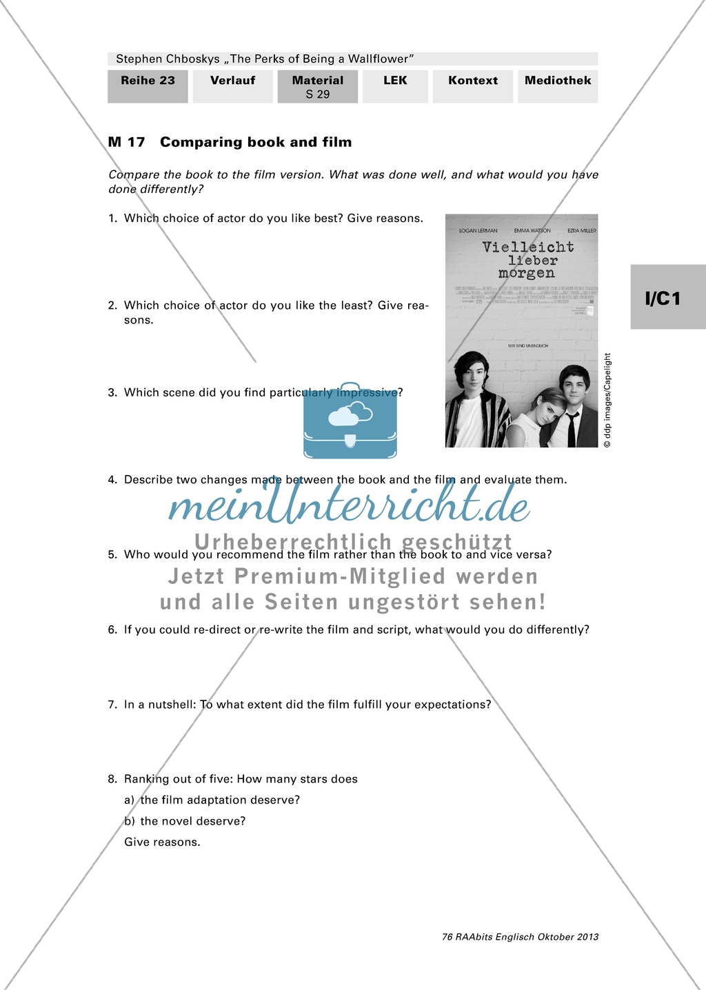 Wallflower: Comparing book and film - Arbeitsmaterial und Erläuterungen Preview 1