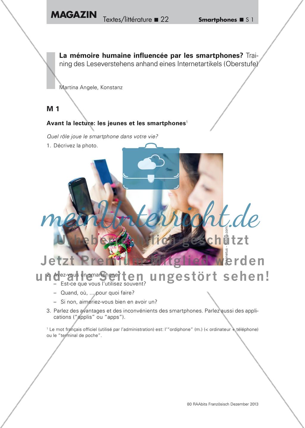 La mémoire humaine influencée par les smartphones? - Training des Leseverstehens anhand eines Internetartikels (Oberstufe) Preview 1