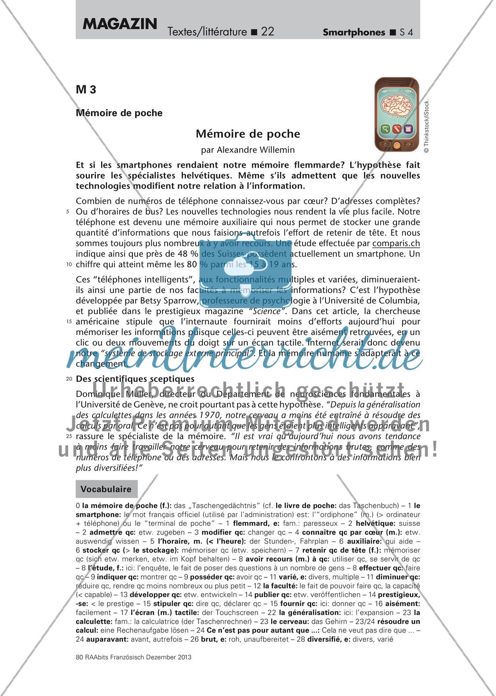 La mémoire humaine influencée par les smartphones? - Training des Leseverstehens anhand eines Internetartikels (Oberstufe) Preview 4