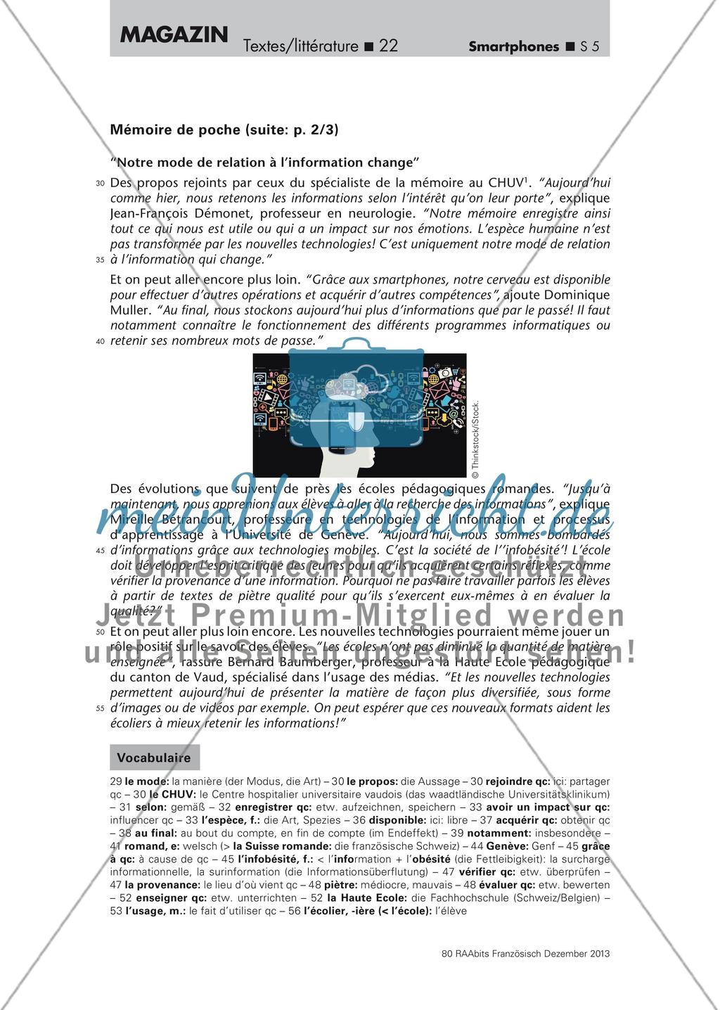 La mémoire humaine influencée par les smartphones? - Training des Leseverstehens anhand eines Internetartikels (Oberstufe) Preview 5