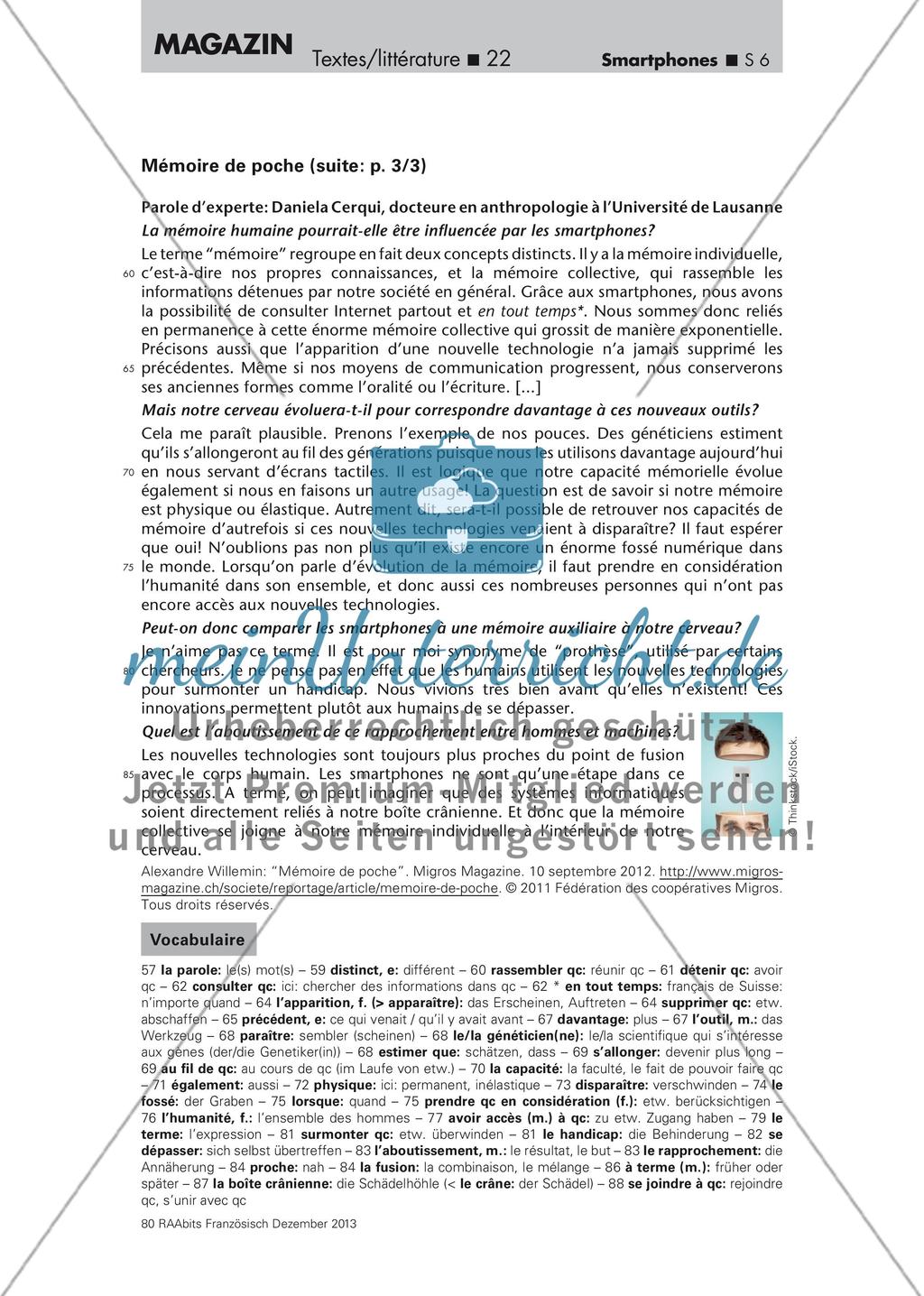 La mémoire humaine influencée par les smartphones? - Training des Leseverstehens anhand eines Internetartikels (Oberstufe) Preview 6