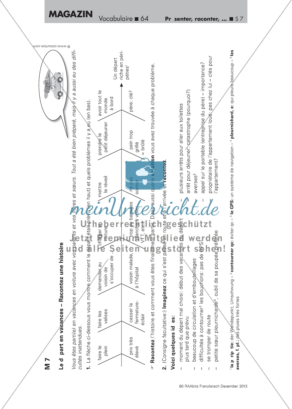 Raconter une histoire - Arbeitsblatt mit Fischgrätendiagramm zum Erzählen einer fiktiven Reise und Wortschatz zum