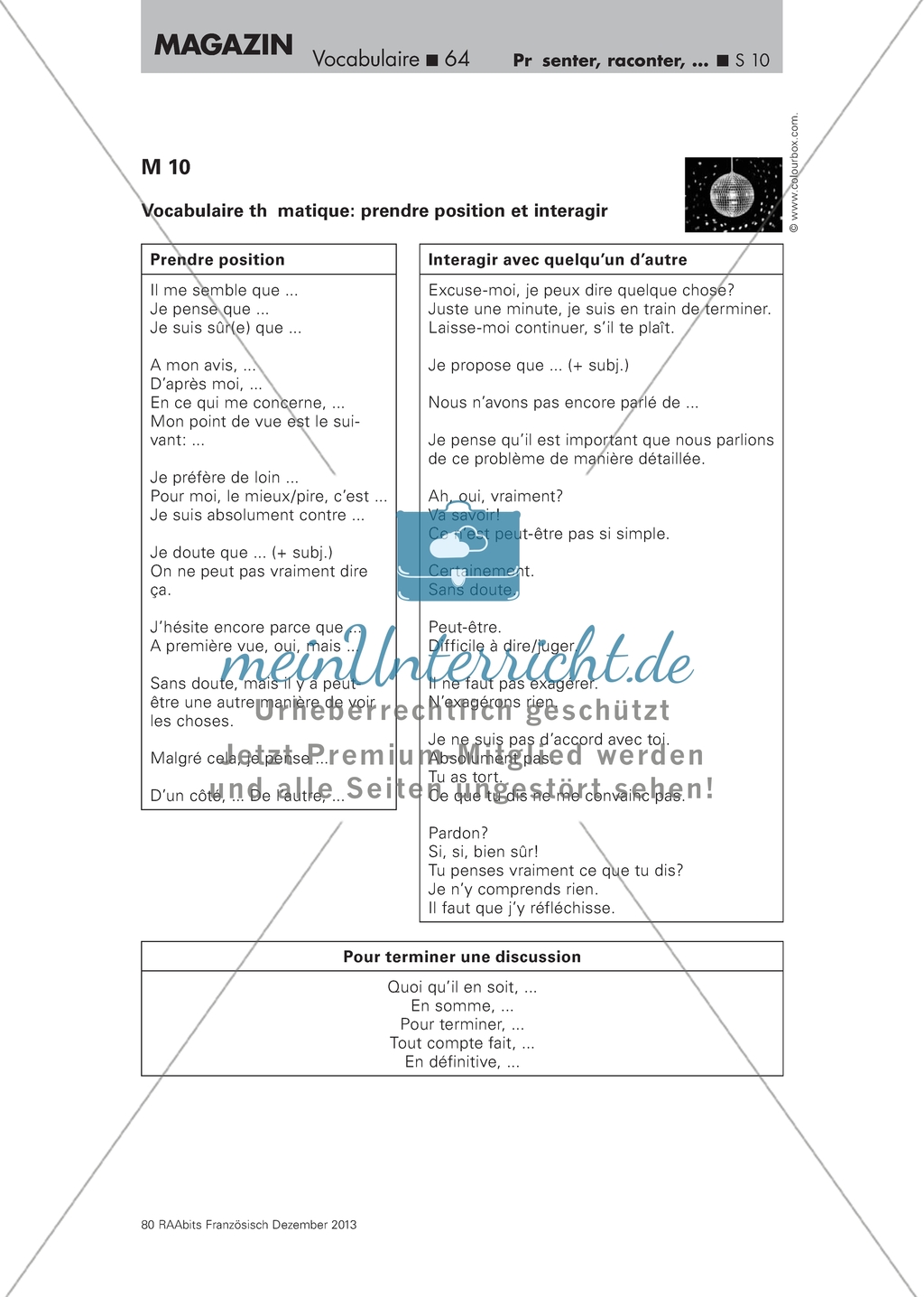La discothèque - Arbeitsblatt mit Rollenkarten, Aufgaben und Vokabelliste zum Thema