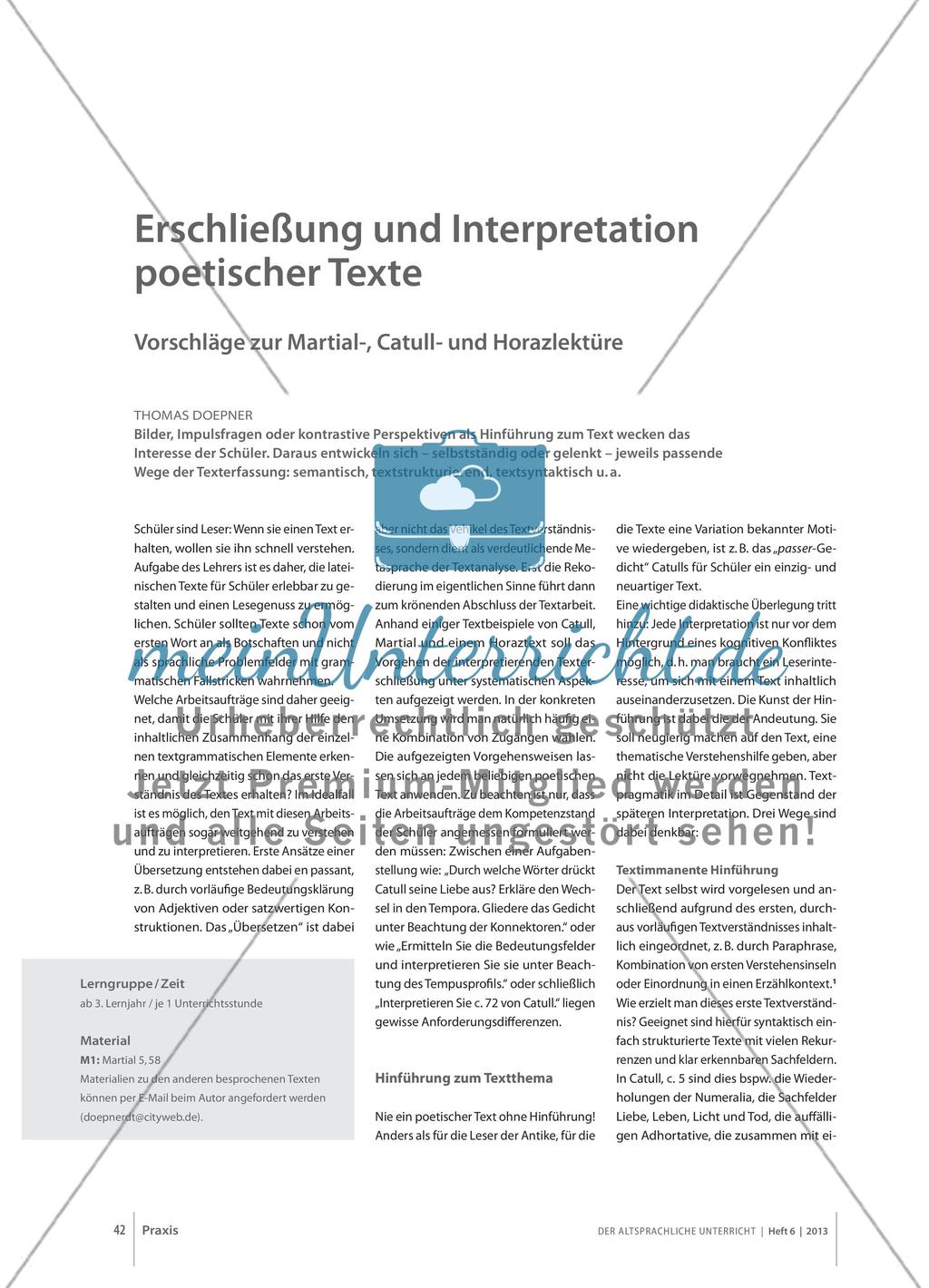 Erschließung und Interpretation poetischer Texte - Vorschläge zur Martial-, Catull- und Horazlektüre Preview 1