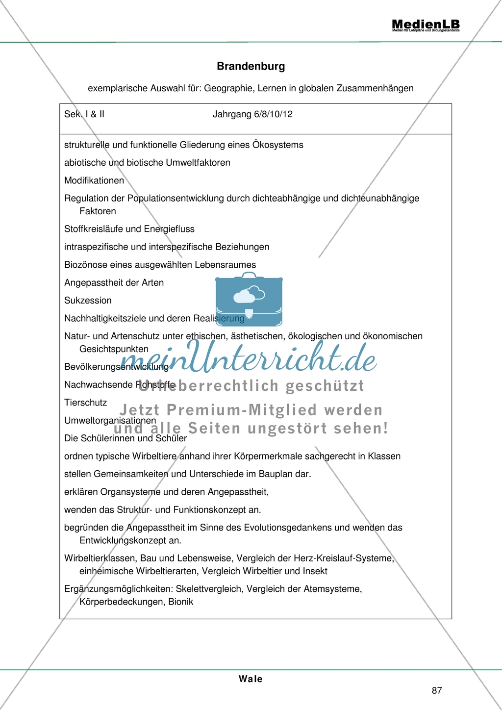 Das Thema Wale in der Lehrplananalyse: Brandenburg Preview 1