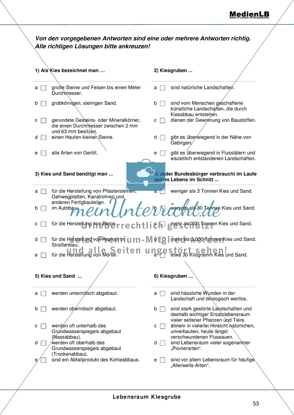 Lebensraum Kiesgrube - Testaufgaben im Multiple-Choice-Format Preview 2