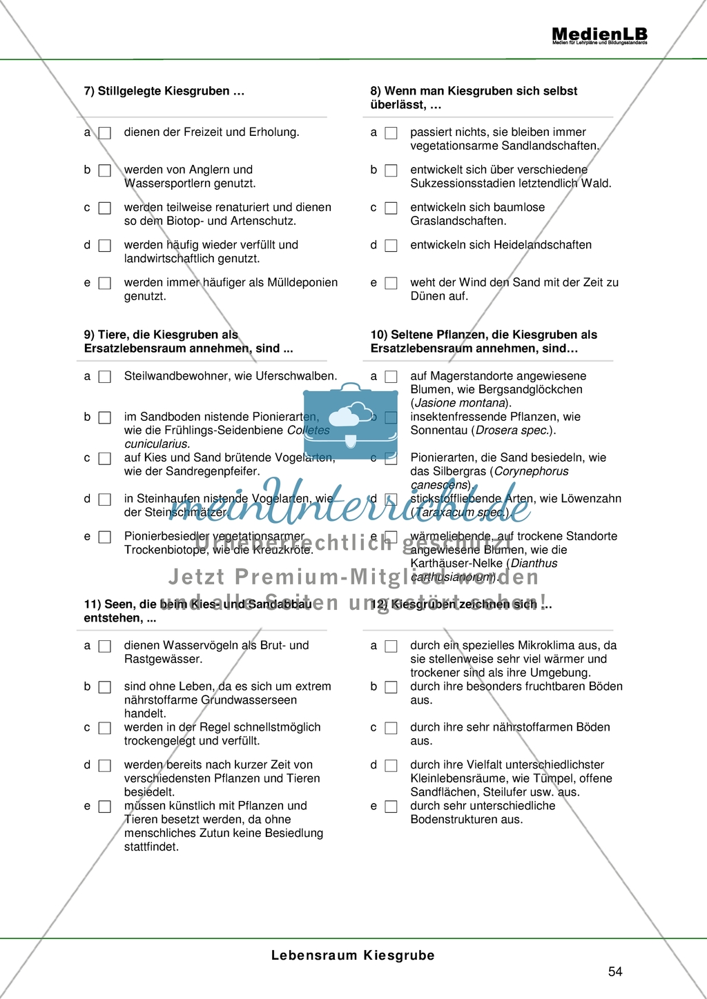 Lebensraum Kiesgrube - Testaufgaben im Multiple-Choice-Format Preview 3