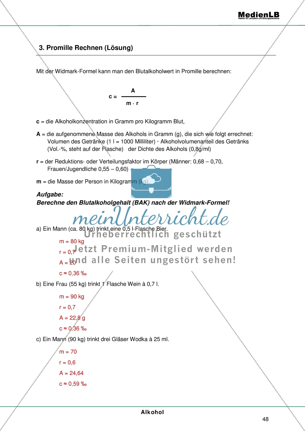 Alkohol - Risiken der Alltagsdroge: Formel und Aufgaben zur Berechnung des Alkoholblutwertes Preview 2