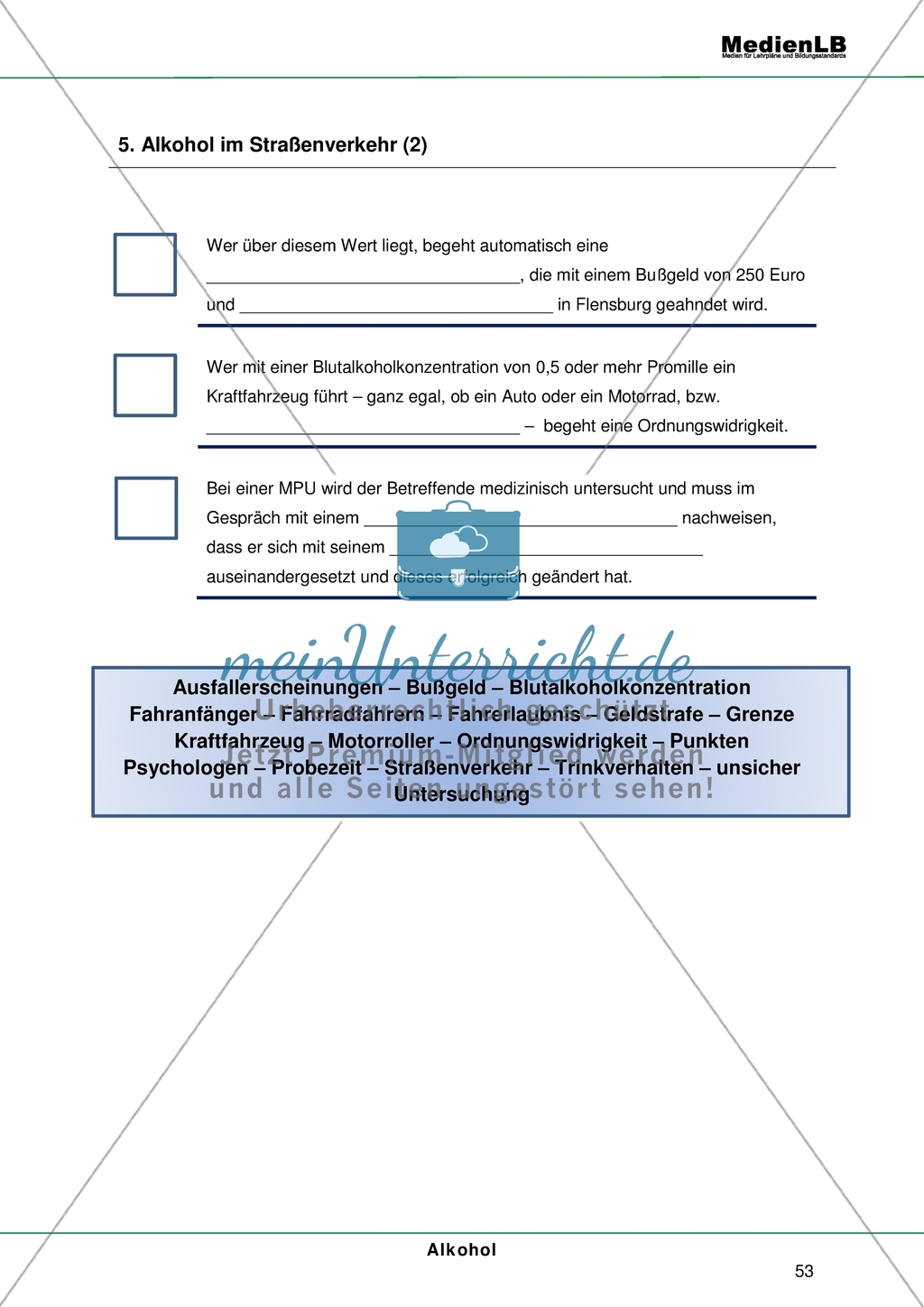 Alkohol - Risiken der Alltagsdroge: Lückentext über Alkohol im Straßenverkehr ausfüllen und ordnen Preview 2