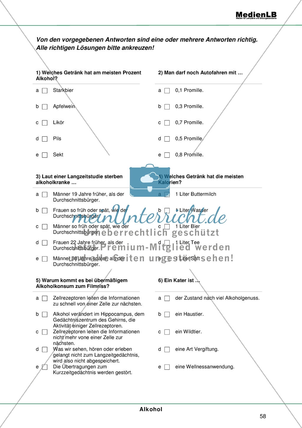 Alkohol - Risiken der Alltagsdroge: Testaufgaben im Multiple-Choice-Format Preview 2