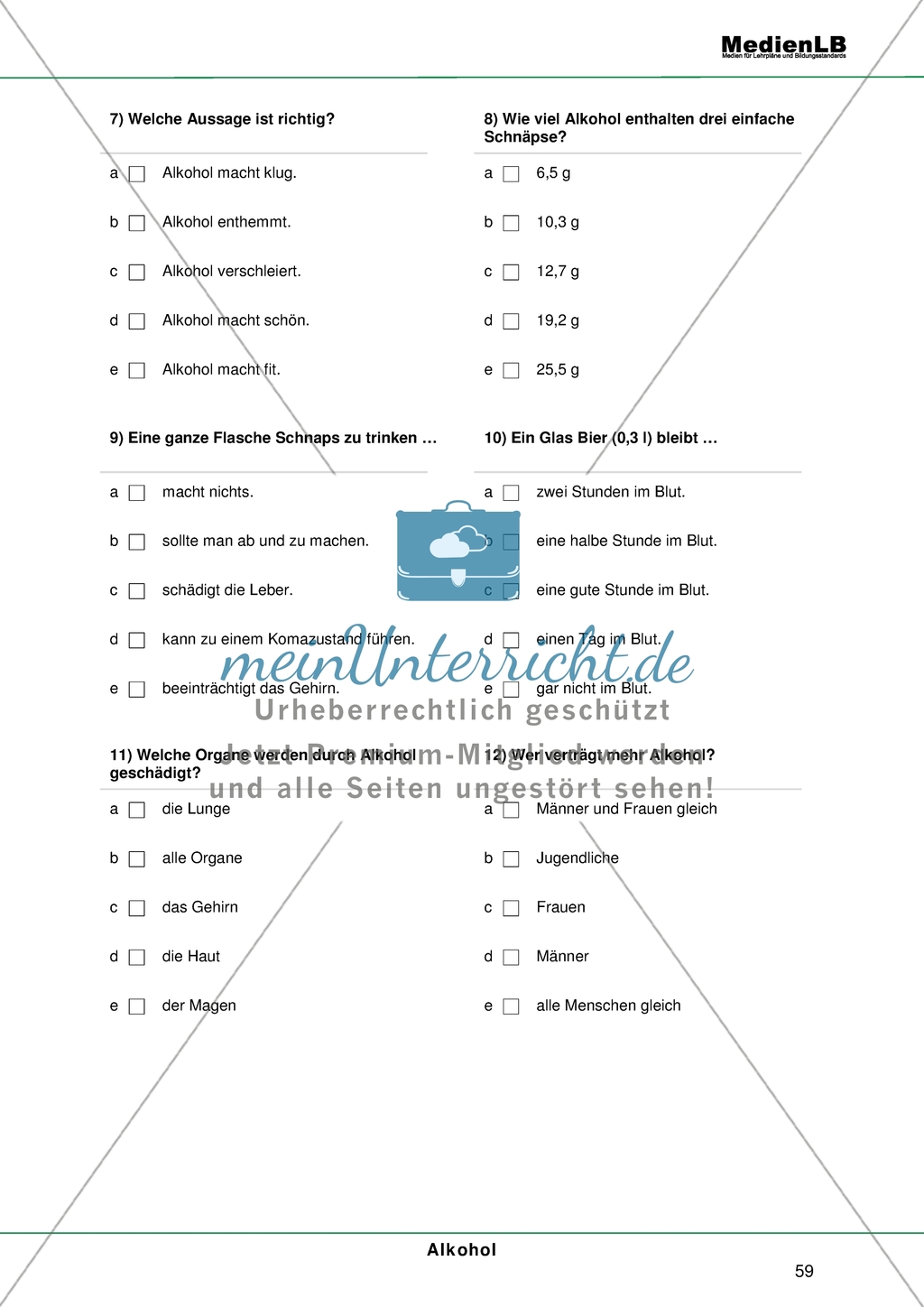 Alkohol - Risiken der Alltagsdroge: Testaufgaben im Multiple-Choice-Format Preview 3