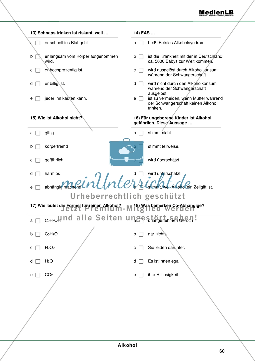 Alkohol - Risiken der Alltagsdroge: Testaufgaben im Multiple-Choice-Format Preview 4