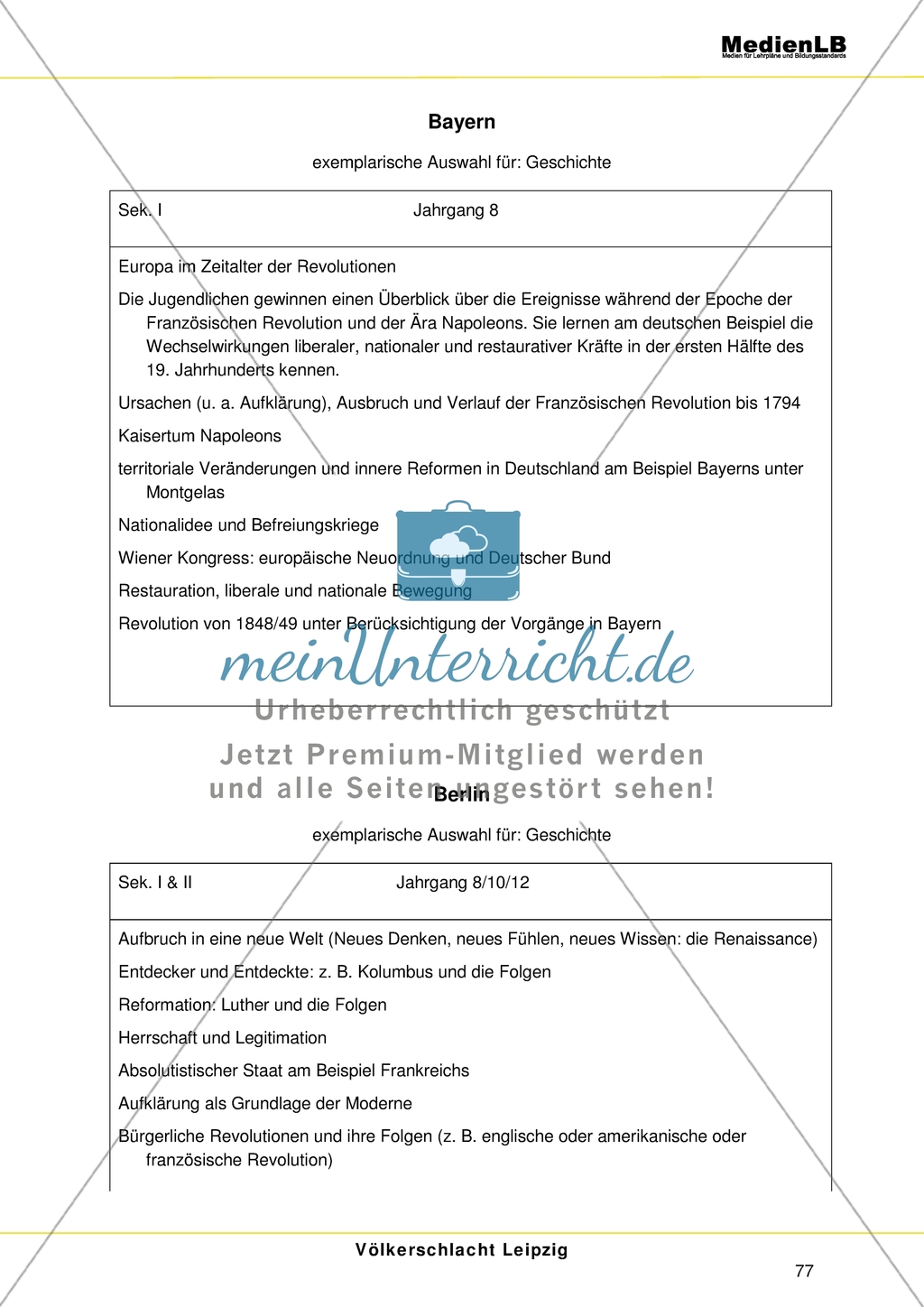Das Thema 'Völkerschlacht Leipzig - Befreiungskrieg gegen Napoleon' in der Lehrplananalyse: Bayern und Berlin Preview 1