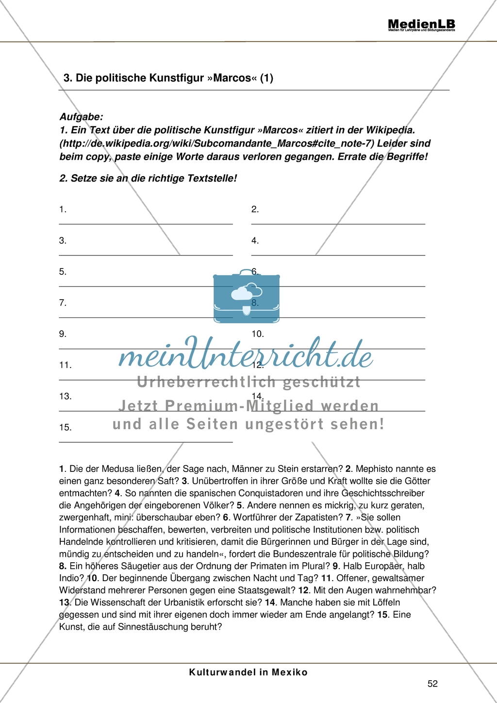 Kulturwandel in Mexiko - Lösen eines Lückentextes über die Kunstfigur Marcos anhand von Leitfragen Preview 1