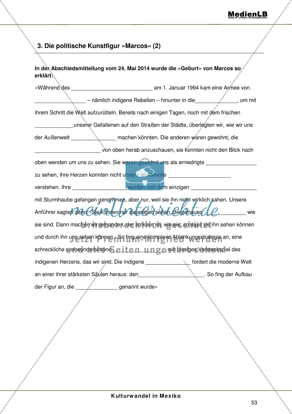 Kulturwandel in Mexiko - Lösen eines Lückentextes über die Kunstfigur Marcos anhand von Leitfragen Preview 2