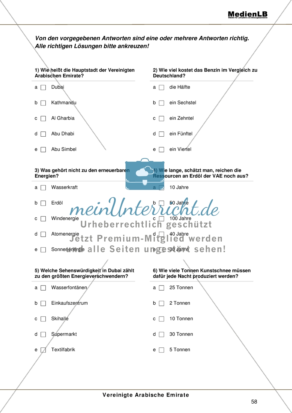 Vereinigte Arabische Emirate - Multiple-Choice-Test Preview 1