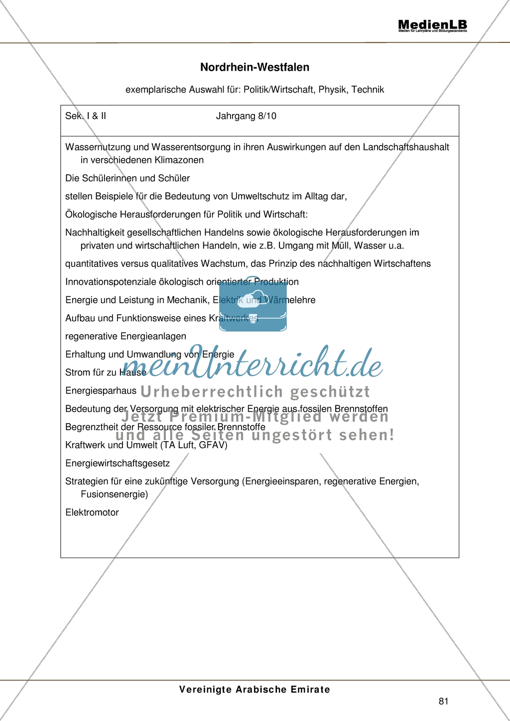 Das Thema Vereinigte Arabische Emirate im Lehrplan von Nordrhein-Westfalen Preview 1