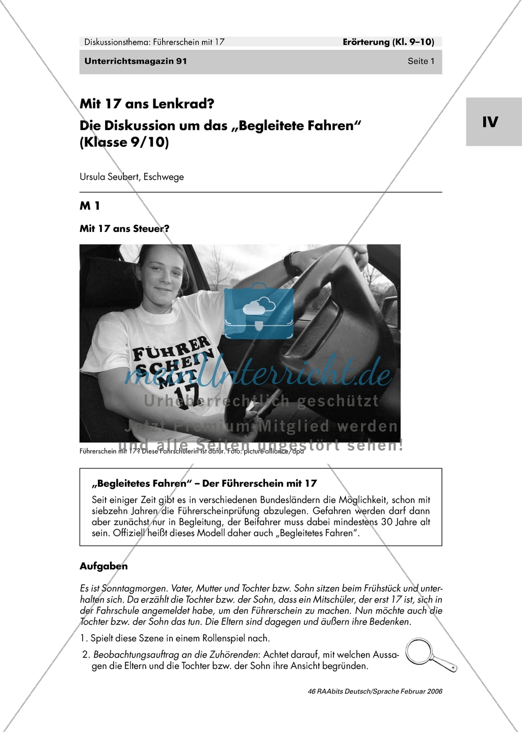 Diskussionsthema Führerschein mit 17: Ein Rollenspiel mit verschiedenen Positionen durchführen Preview 1