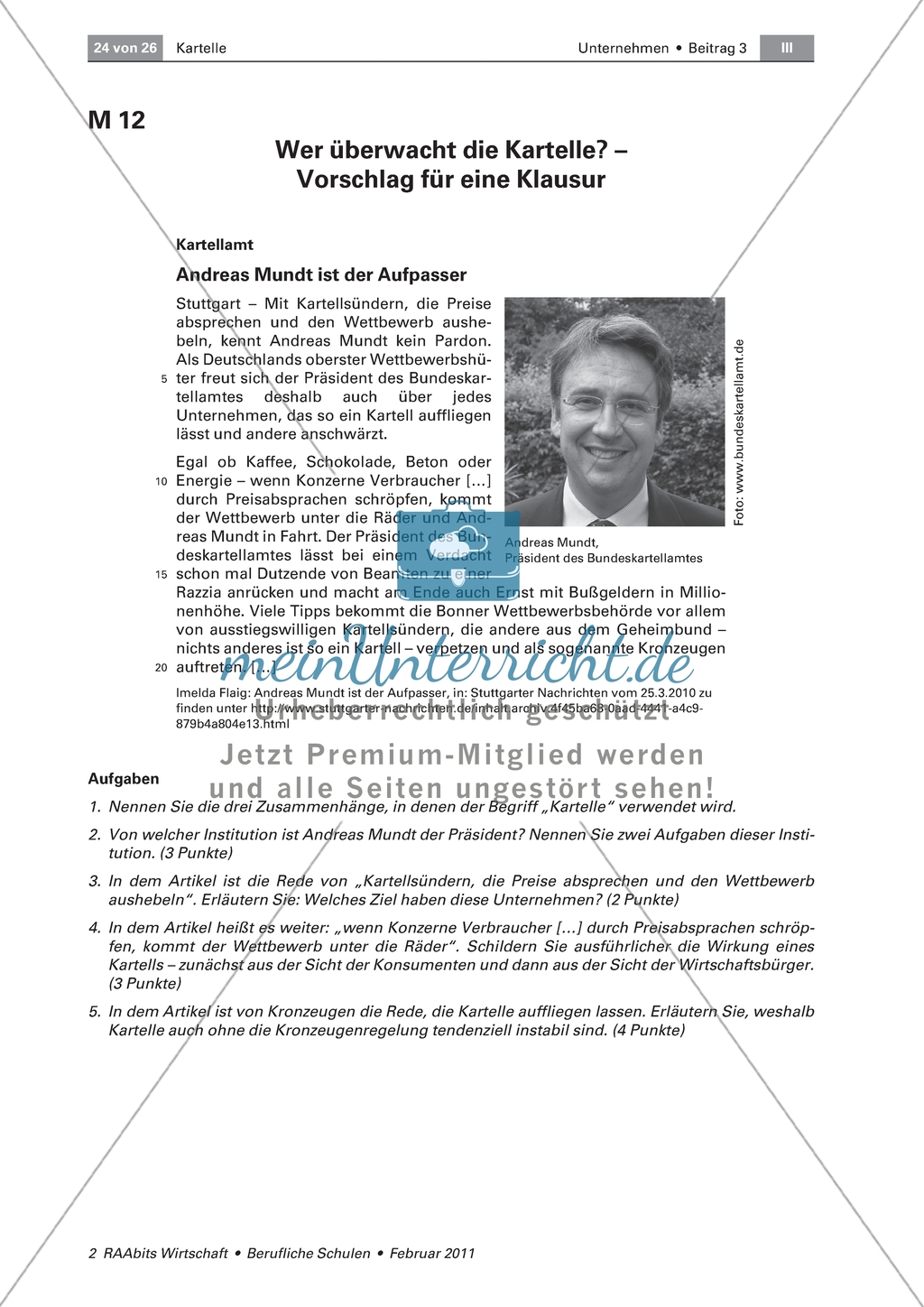 Kartell - Klausurvorschlag: Die Funktionsweise, Wirkung und (In-)Stabilität von Kartellen erläutern Preview 1