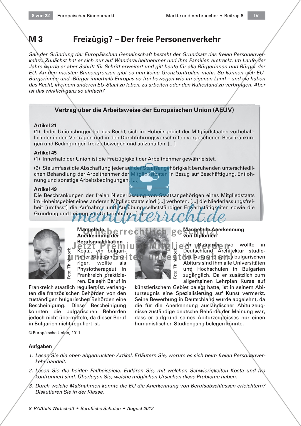 Europäischer Binnenmarkt - Sich mit den vier Grundfreiheiten des europäischen Binnenmarktes auseinandersetzen Preview 1