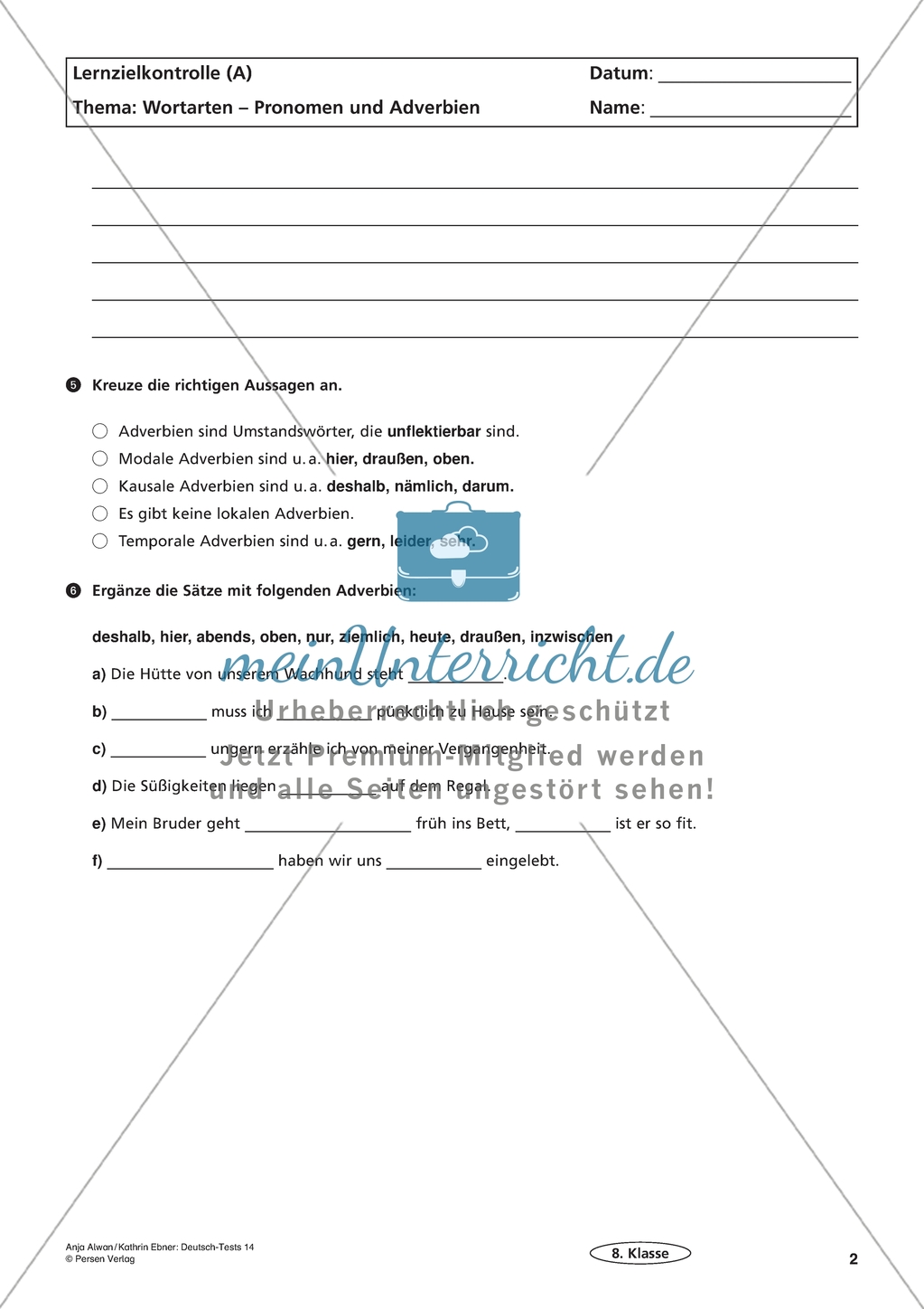 Lernzielkontrolle - Wortarten: Pronomen und Adverbien Preview 2