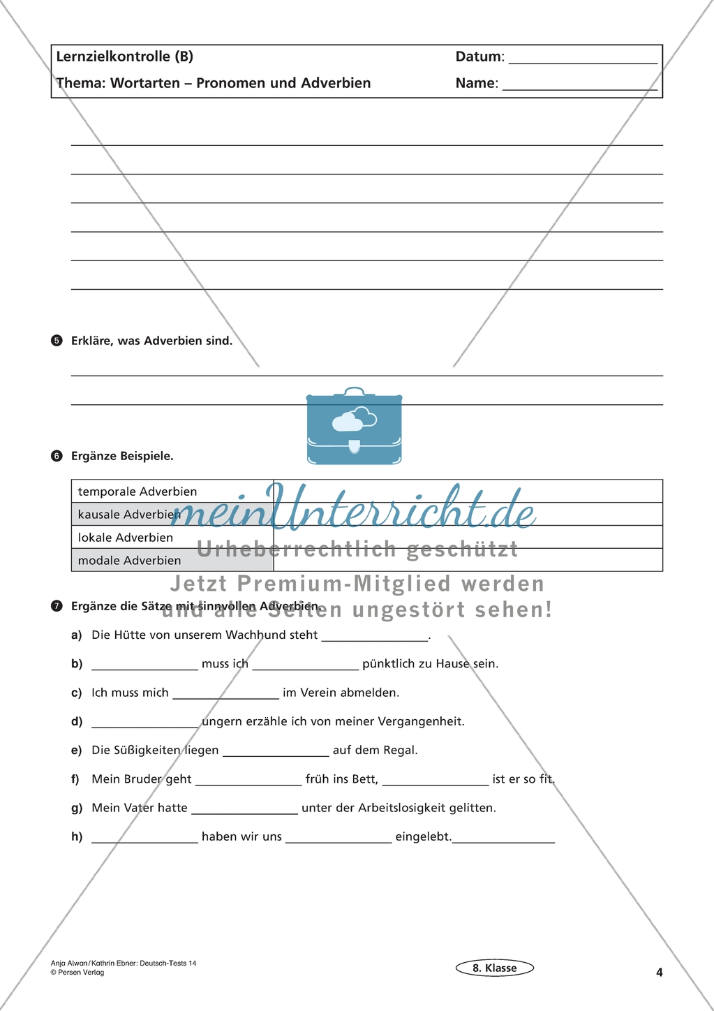 Lernzielkontrolle - Wortarten: Pronomen und Adverbien Preview 4