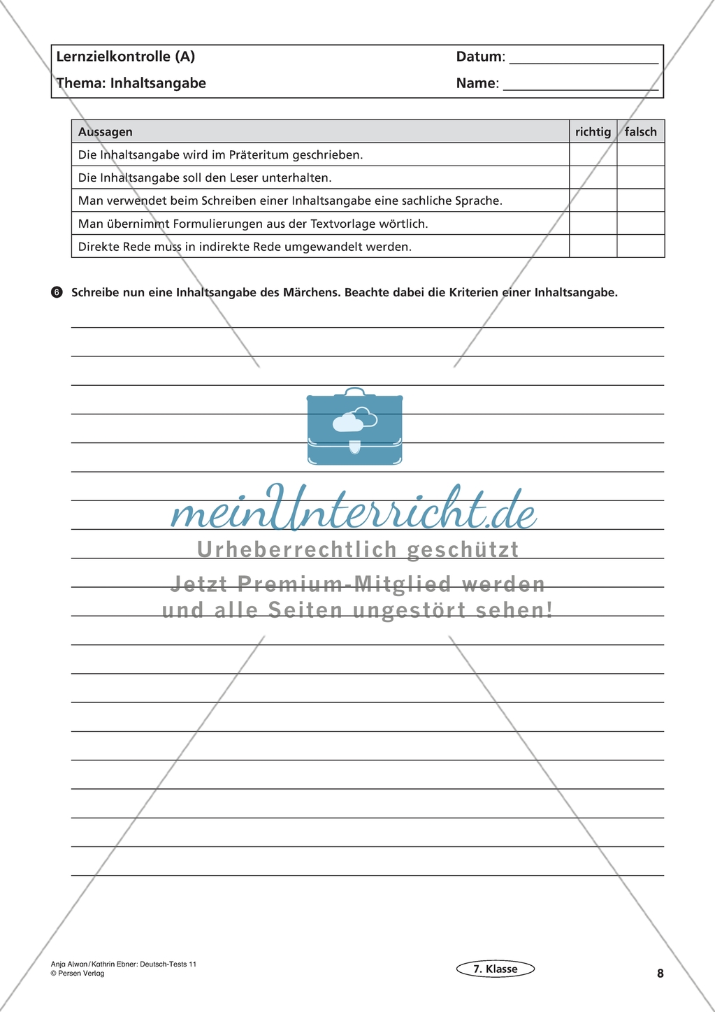 Lernzielkontrolle - Texte schreiben: Inhaltsangabe Preview 4