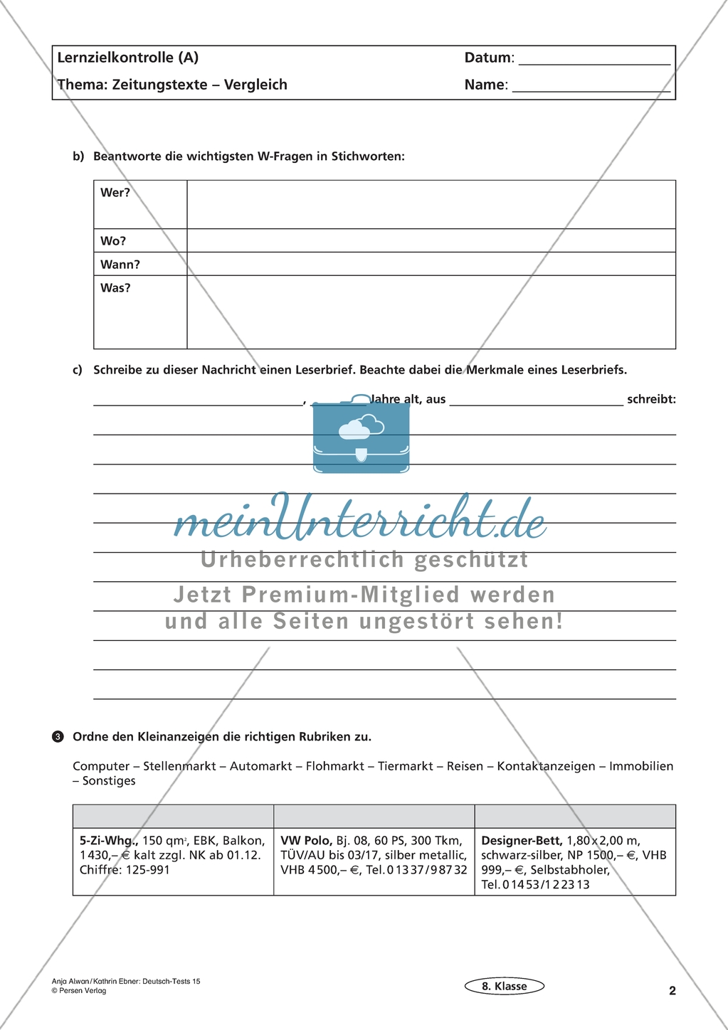 Lernzielkontrolle - Lesen: Zeitungstexte Preview 2
