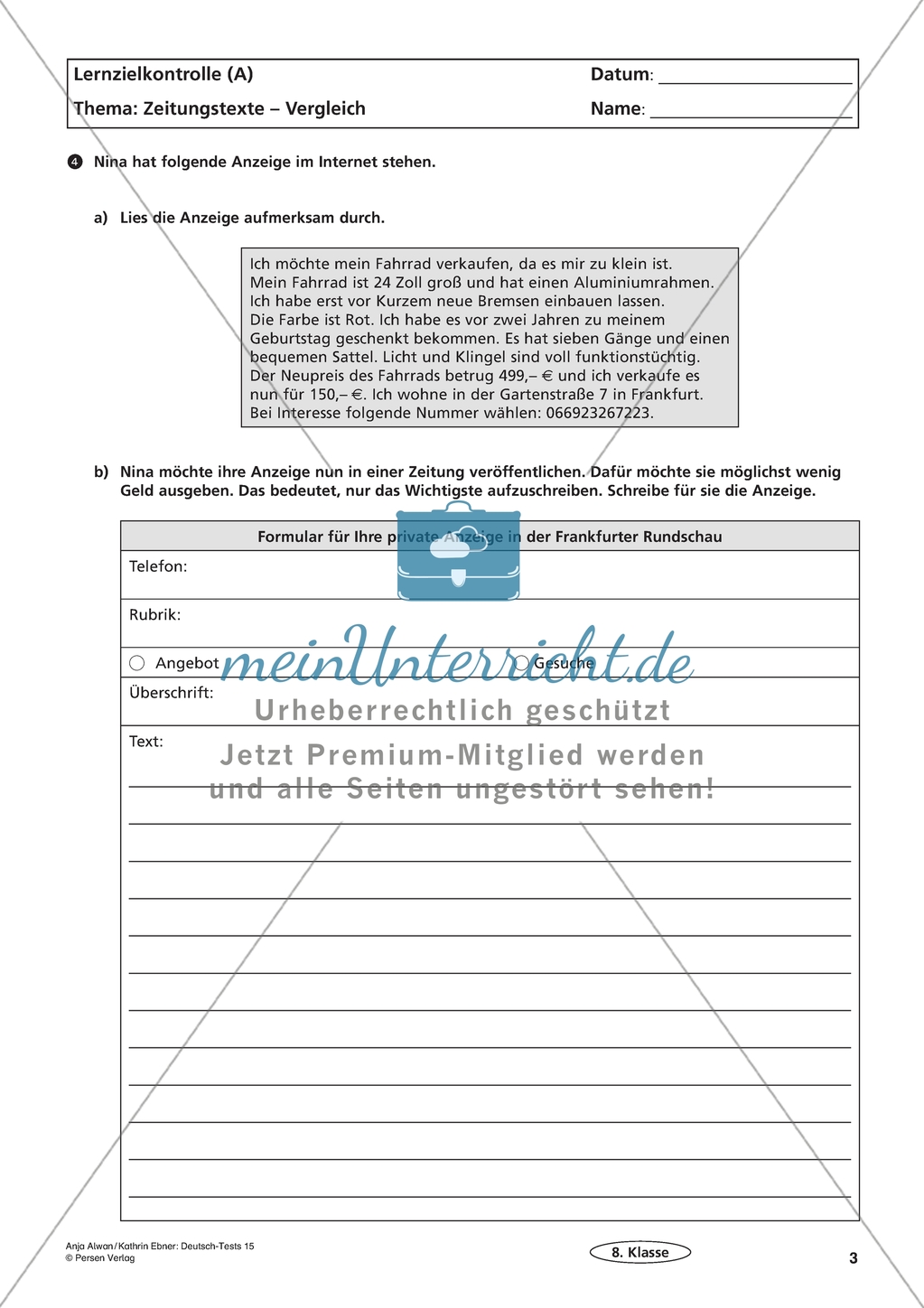 Lernzielkontrolle - Lesen: Zeitungstexte Preview 3