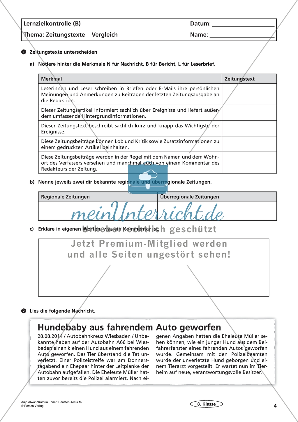 Lernzielkontrolle - Lesen: Zeitungstexte Preview 4