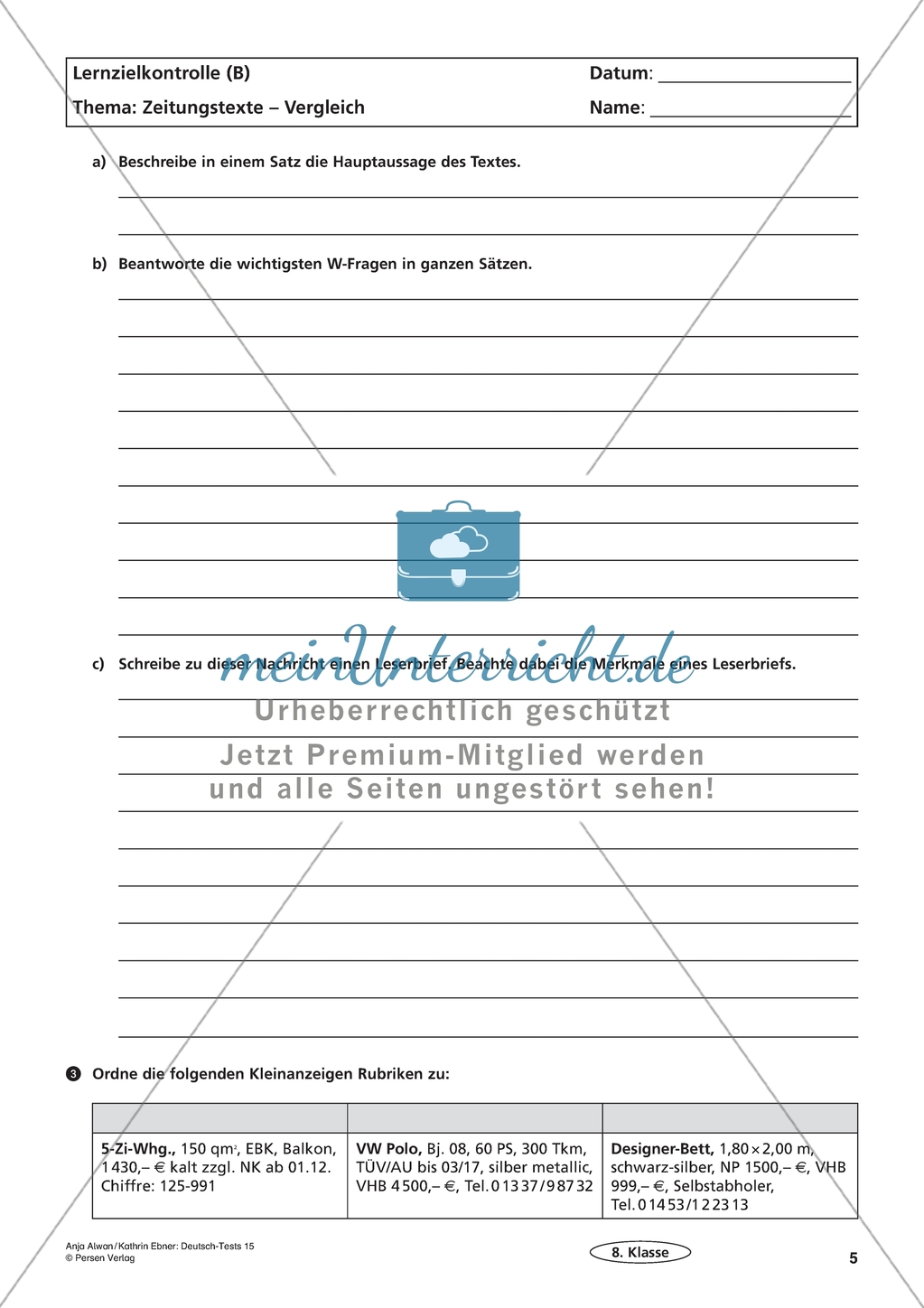 Lernzielkontrolle - Lesen: Zeitungstexte Preview 5