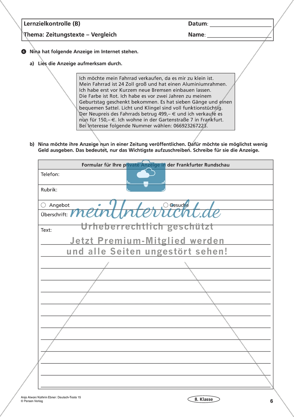 Lernzielkontrolle - Lesen: Zeitungstexte Preview 6