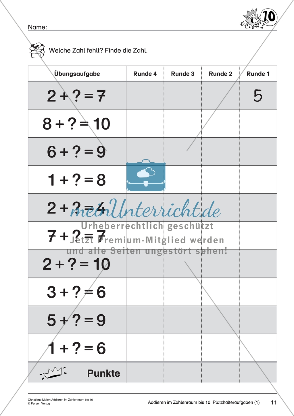 Addieren im Zahlenraum bis 10 - Ergänzungsaufgaben Preview 1