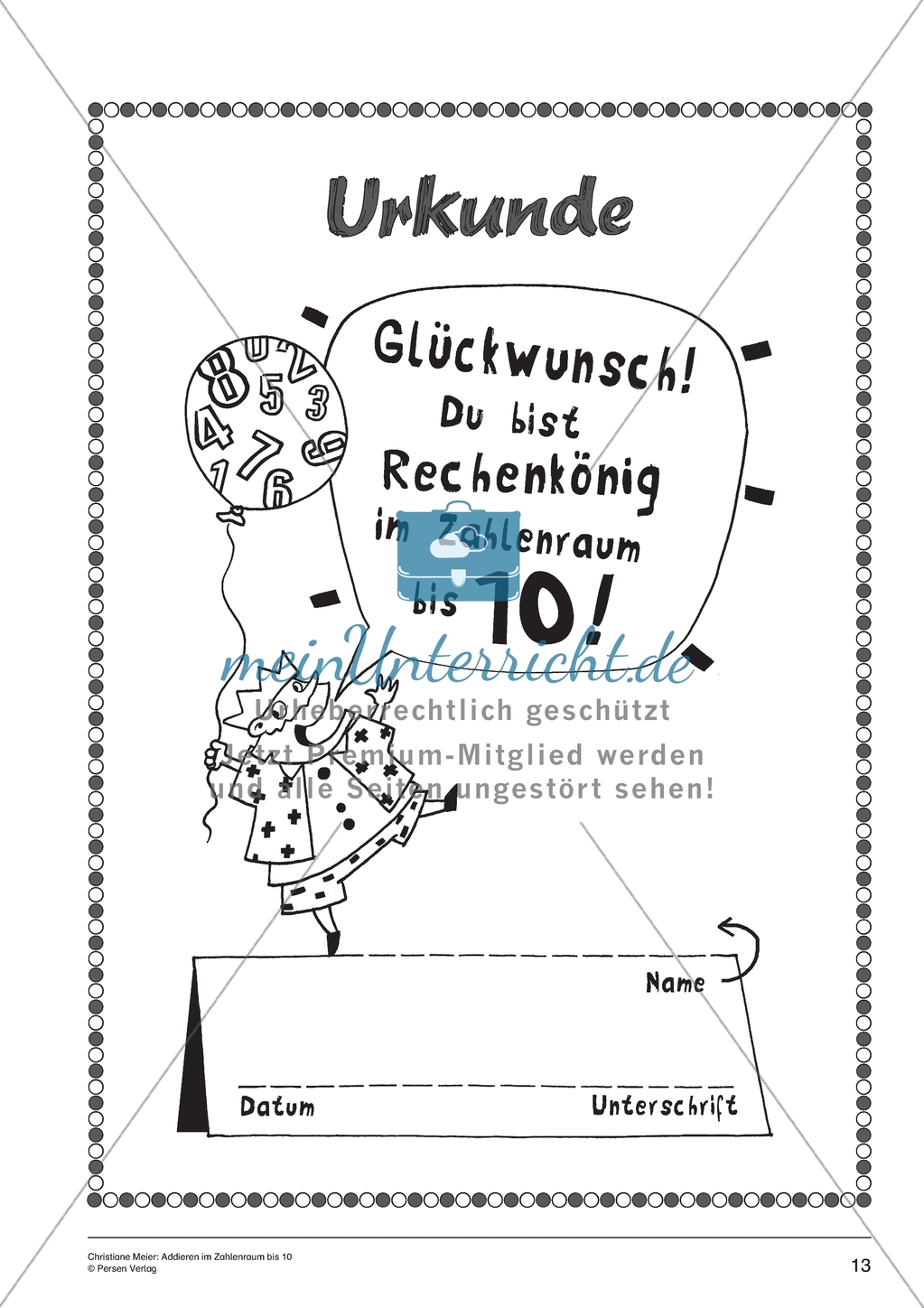 Addieren im Zahlenraum bis 10 - Urkunde des Rechenkönigs Preview 1