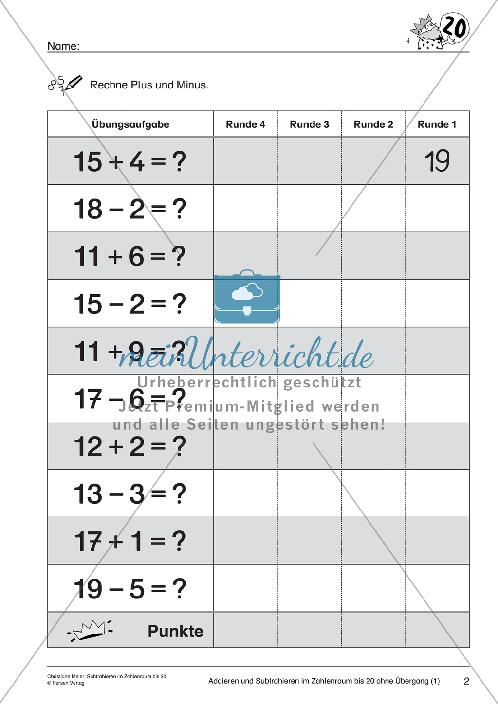 Gemischte Aufgaben im Zahlenraum bis 20 - Additions- und Subtraktionsaufgaben Preview 1
