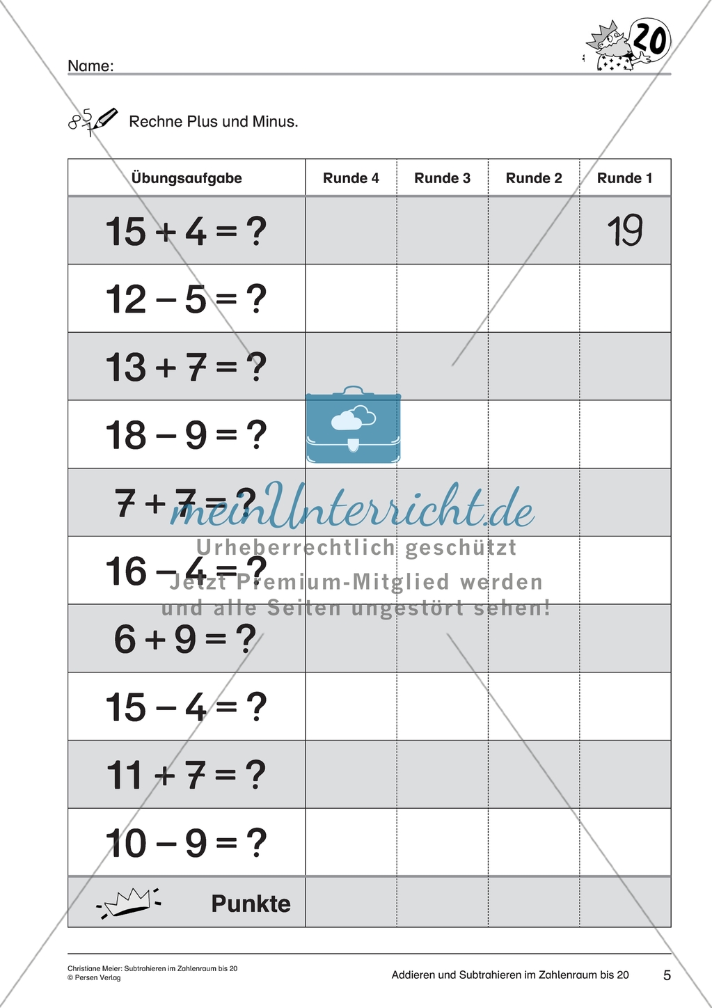 Gemischte Aufgaben im Zahlenraum bis 20 - Additions- und Subtraktionsaufgaben Preview 4