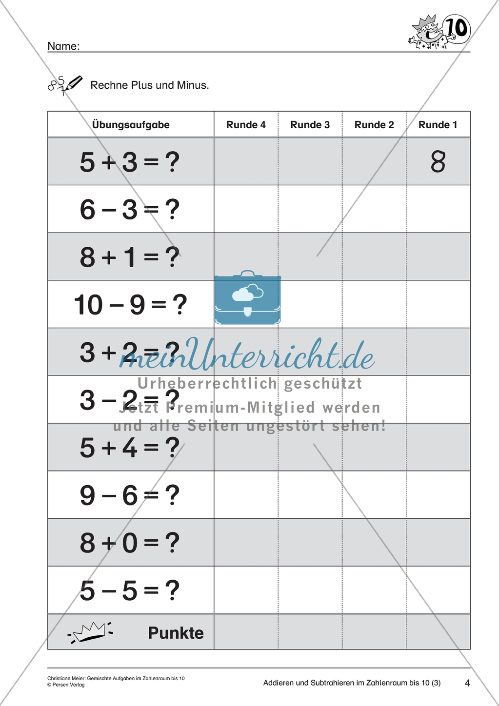Gemischte Aufgaben im Zahlenraum bis 10 - Additions- und Subtraktionsaufgaben Preview 3