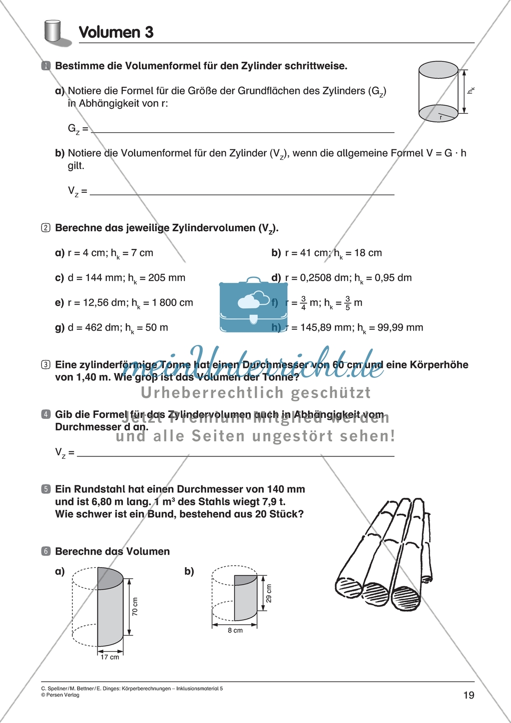 Körperberechnung - Volumen des Zylinders Preview 4